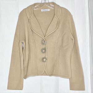 Willow Chunky Knit Warm Taupe Decorative Floral Button Front Collared Sweater